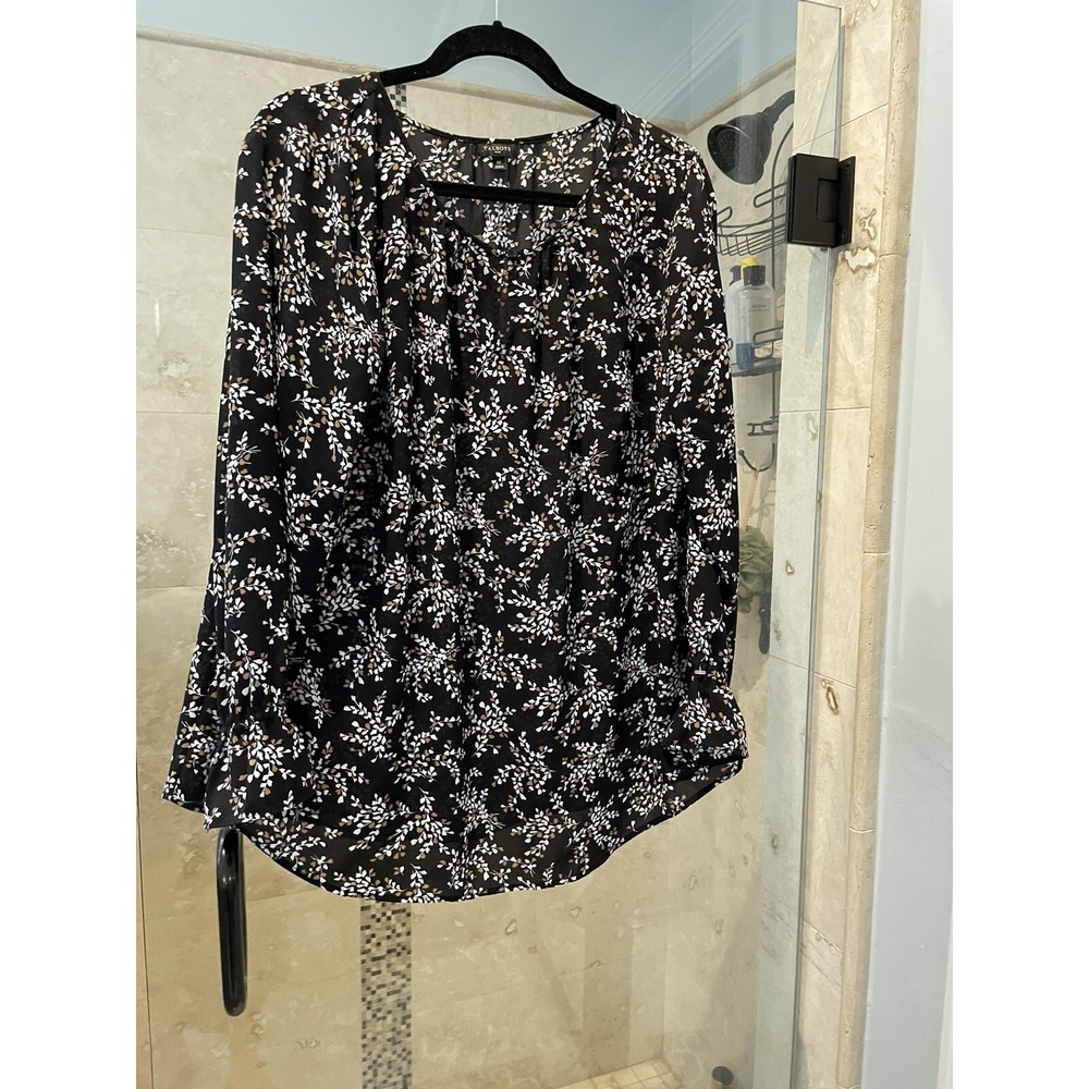 Talbots Women Black Floral Long Sleeve Top Blouse 1X Plus Crew Neck Keyhole